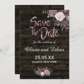 Rustikale Lila Rose mit dunklem Holz Save The Date (Vorne/Hinten)