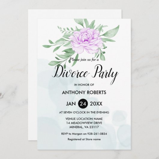 Rustikale Lila Rose Verlasse Grünpflanzen Scheidun Einladung (Vorne/Hinten)