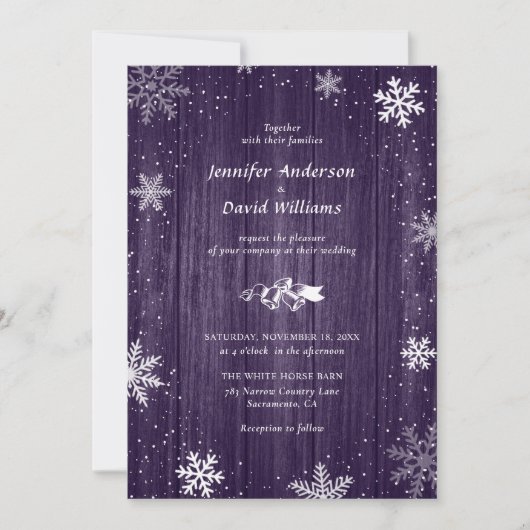Rustikale Lila Snowflake Winterhochzeit Einladunge Einladung (Vorderseite)