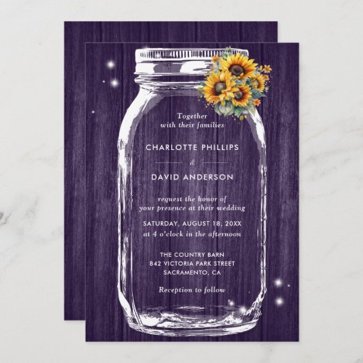 Rustikale Lila Sonnenblume Mason Jar Wedding Einladung (Vorne/Hinten)