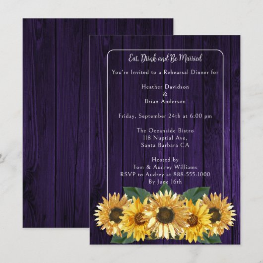 Rustikale Lila Sonnenblume Probe Abendessen Einladung (Vorne/Hinten)