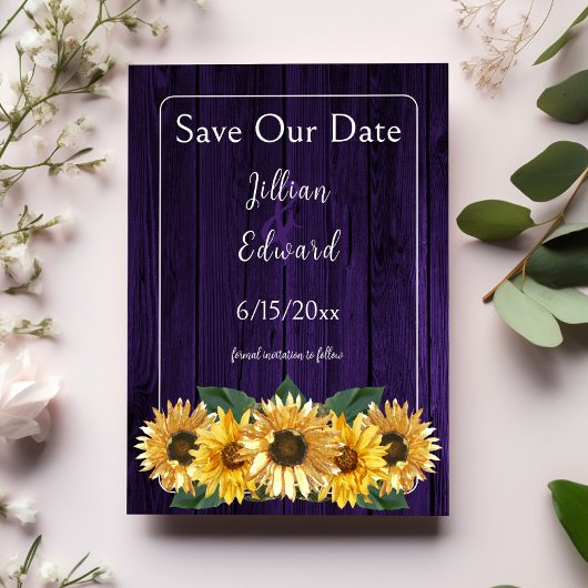 Rustikale Lila Sonnenblume Save the Date Ankündigung