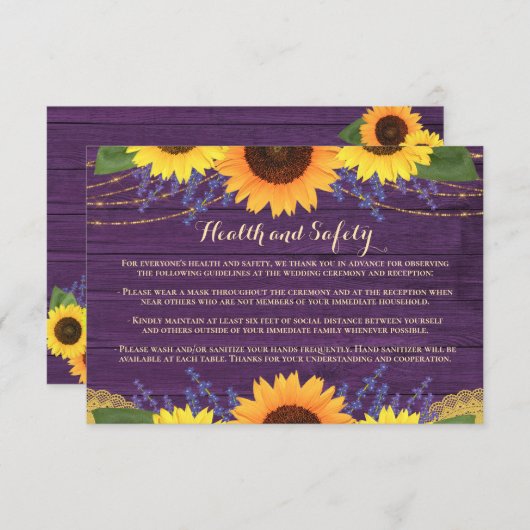 Rustikale Lila Sonnenblumen Hochzeit Gesundheit un Begleitkarte (Vorne/Hinten)