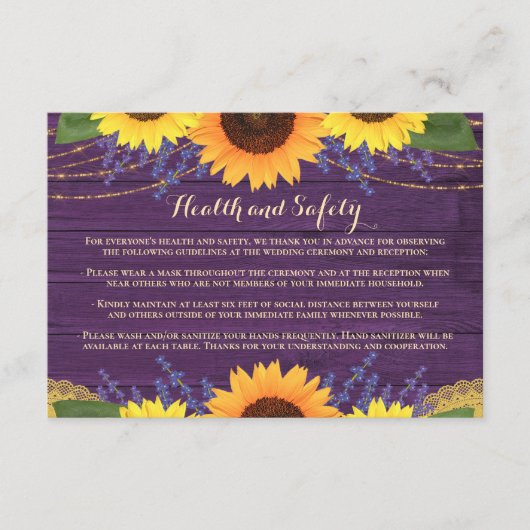Rustikale Lila Sonnenblumen Hochzeit Gesundheit un Begleitkarte (Vorderseite)
