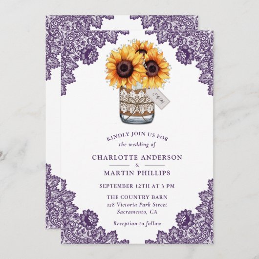 Rustikale Lila Sonnenblumenhochzeit Einladung (Vorne/Hinten)
