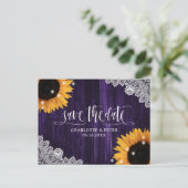 Rustikale Lila Sonnenblumenhochzeit rettet das Dat Postkarte (Stehend Vorderseite)