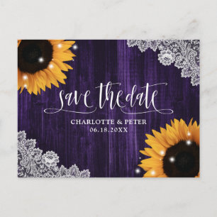 Rustikale Lila Sonnenblumenhochzeit rettet das Dat Postkarte