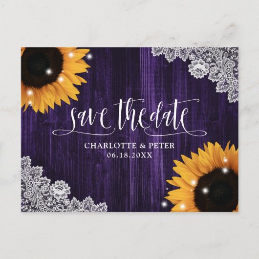 Rustikale Lila Sonnenblumenhochzeit rettet das Dat Postkarte (Vorderseite)