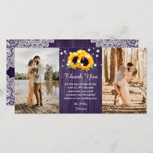 Rustikale Lila Spitzen Sonnenblume Danke Foto-Card (Vorne/Hinten)