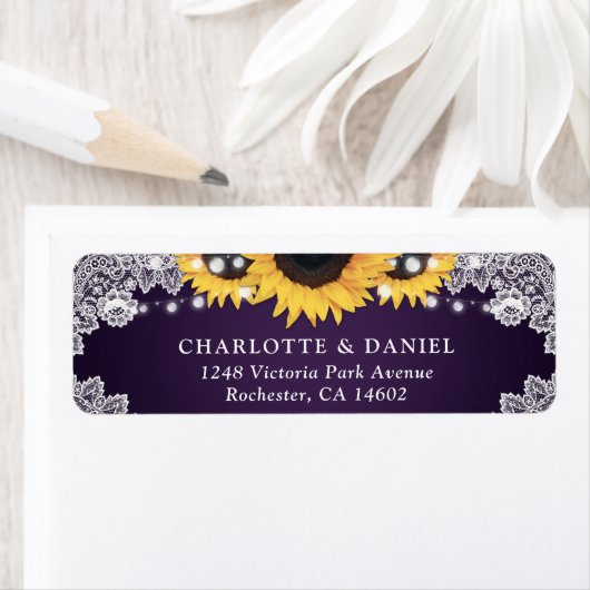 Rustikale Lila Spitzen Sonnenblumen Rücksendeadres (Insitu)