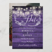 Rustikale Lila String Lights Blumenhochzeit Foto Save The Date (Vorne/Hinten)