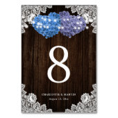 Rustikale lila und blaue Holzspitze Blumen Tischnummer (Rückseite)