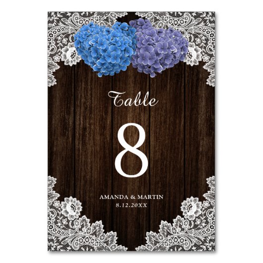 Rustikale Lila und blaue Spitzen Tischnummer (Rückseite)