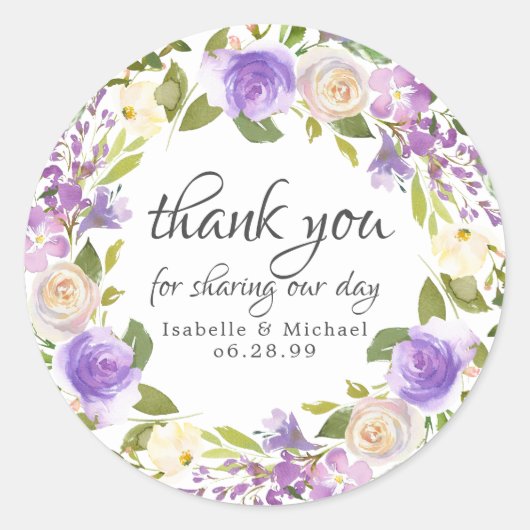 Rustikale Lila und Elfenbeinflora Vielen Dank für  Runder Aufkleber (Vorderseite)