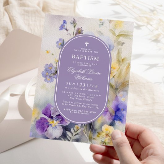 Rustikale Lila und gelbe Blumen Elegante Taufe Einladung