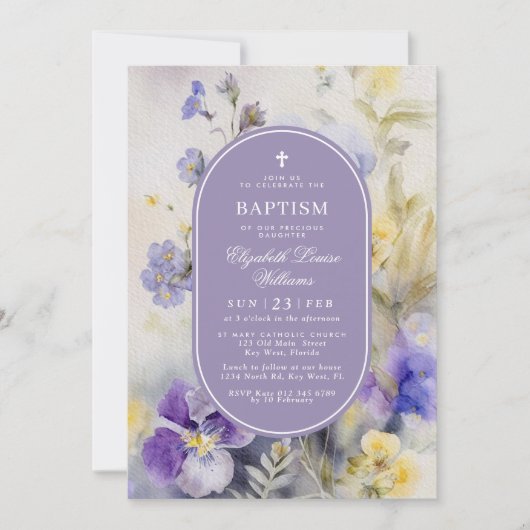Rustikale Lila und gelbe Blumen Elegante Taufe Einladung (Vorderseite)