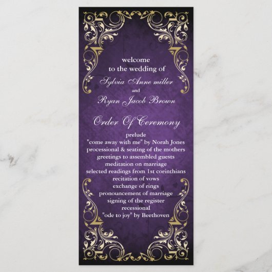 Rustikale Lila- und Goldhochzeit mit Ornamenten Programm (Vorderseite)