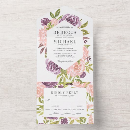 Rustikale, Lila und rot-rosa Blumenhochzeit All In One Einladung (Innen Boden)