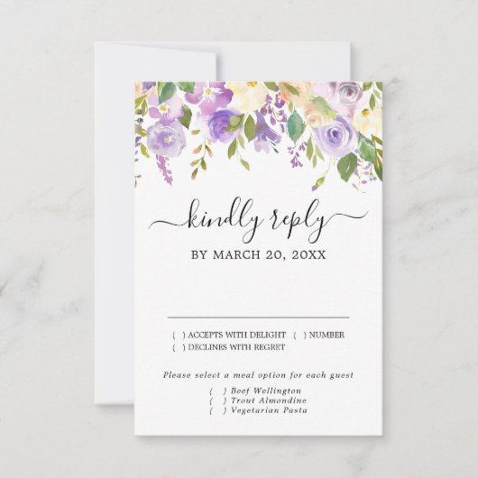 Rustikale Lila und weiße RSVP-Karte, Optionen für RSVP Karte (Vorderseite)