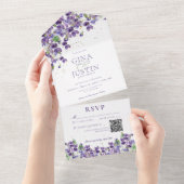 Rustikale Lila Violets Goldfass QR-Code All In One Einladung (Abreißen)