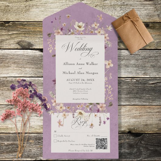 Rustikale Lila Wildblume Frame QR Code All In One Einladung