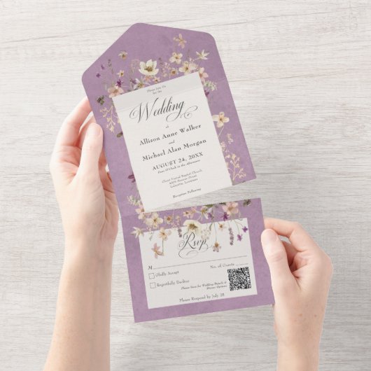 Rustikale Lila Wildblume Frame QR Code All In One Einladung (Abreißen)