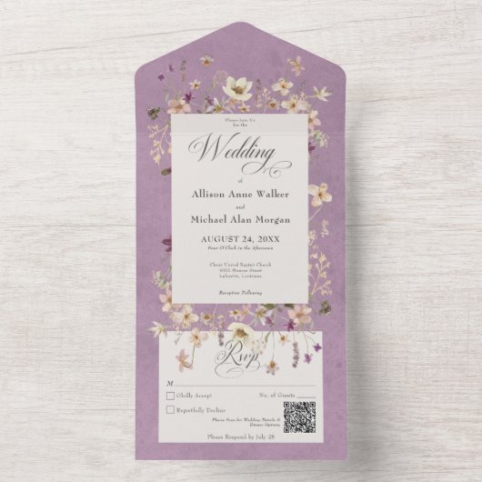 Rustikale Lila Wildblume Frame QR Code All In One Einladung (Innen Boden)