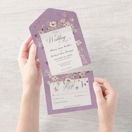 Rustikale Lila Wildblume Rahmen Kein Abendessen All In One Einladung (Abreißen)