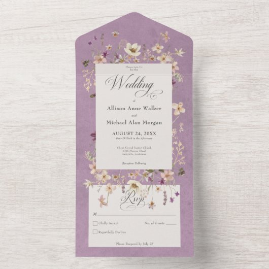 Rustikale Lila Wildblume Rahmen Kein Abendessen All In One Einladung (Innen Boden)