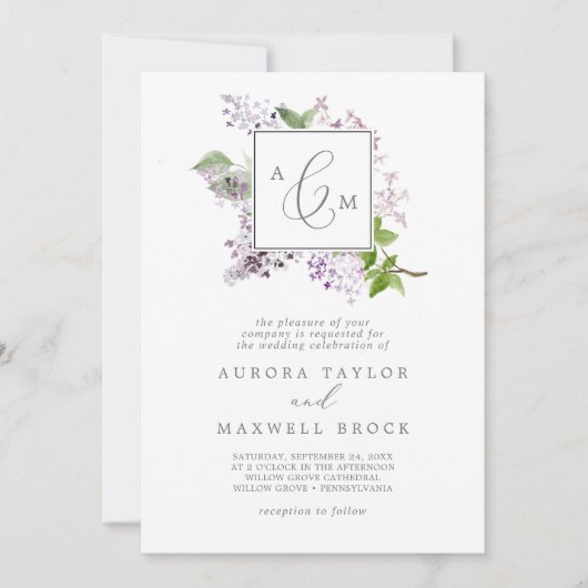 Rustikale Lilac Formal Monogram Wedding Einladung (Vorderseite)