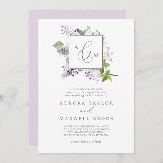 Rustikale Lilac Formal Monogram Wedding Einladung (Vorne/Hinten)