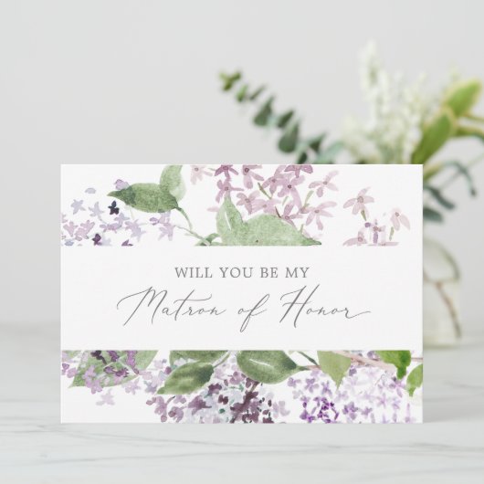 Rustikale Lilac Matron of Honorar Vorschlag Card Einladung (Stehend Vorderseite)