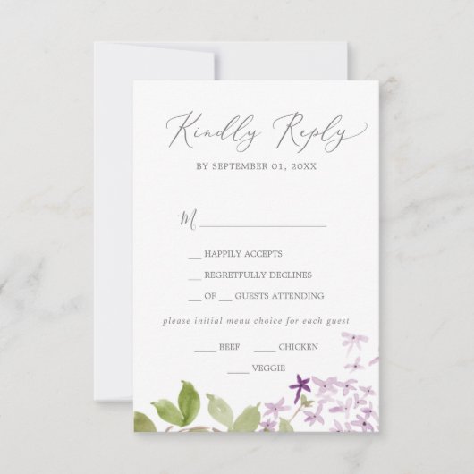 Rustikale Lilac Menü Auswahl RSVP Karte (Vorderseite)