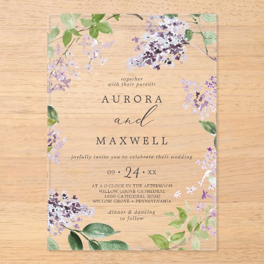 Rustikale Lilac Moderne Boho Hochzeit mit floralen Acryleinladungen (Vorderseite)