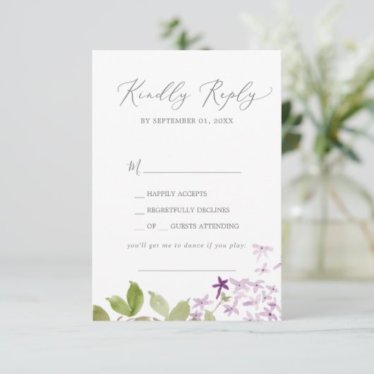 Rustikale Lilac Song Request RSVP Card (Stehend Vorderseite)