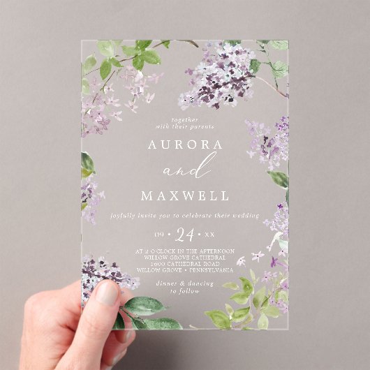 Rustikale Lilac White Boho Hochzeit mit floraler W Acryleinladungen (Insitu (Handheld))