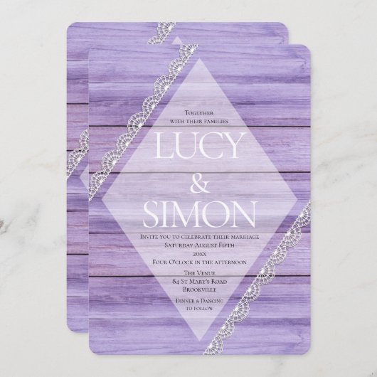 Rustikale Lilac Wood & Lace Country Style Wedding Einladung (Vorne/Hinten)