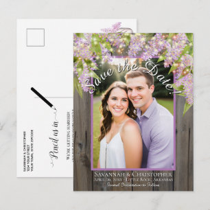 Rustikale Lilacs auf Holz Foto Hochzeit speichern  Ankündigungspostkarte