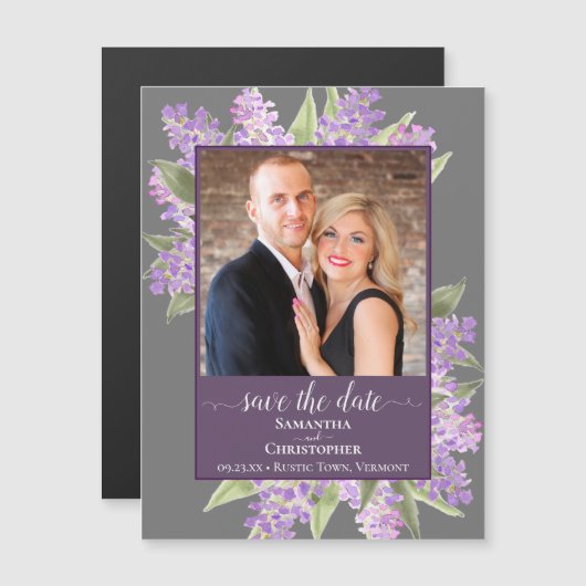 Rustikale Lilacs & Foto Gray Wedding Save the Date Magneteinladung (Vorne/Hinten)