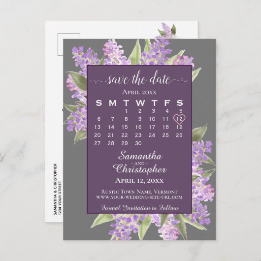 Rustikale Lilacs Wedding Save the Date Calendar Gr Ankündigungspostkarte (Vorne/Hinten)