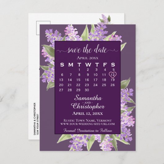 Rustikale Lilacs Wedding Save the Date Calendar Pl Ankündigungspostkarte (Vorne/Hinten)