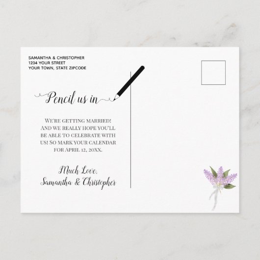 Rustikale Lilacs Wedding Save the Date Calendar Pl Ankündigungspostkarte (Rückseite)