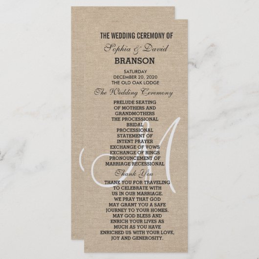 Rustikale Linen Leinwand Wedding Monogra Programm  (Vorne/Hinten)