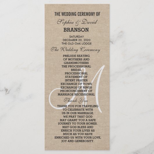 Rustikale Linen Leinwand Wedding Monogra Programm  (Vorderseite)