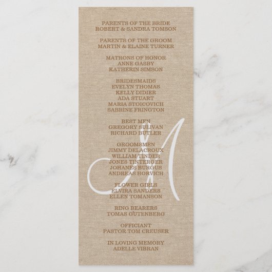 Rustikale Linen Leinwand Wedding Monogram Programm (Rückseite)