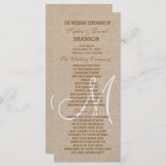 Rustikale Linen Leinwand Wedding Monogram Programm (Vorne/Hinten)