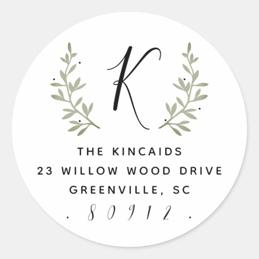 Rustikale Lorbeerskriptmonogramm-Rücksendeadresse Runder Aufkleber (Vorderseite)