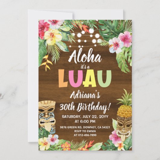 Rustikale LUAU Tropical Aloha Geburtstagseinladung Einladung (Vorderseite)