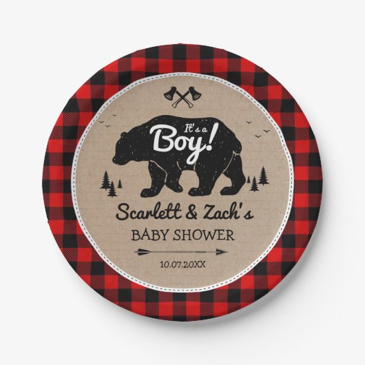Rustikale Lumberjack Bear Boy Baby Dusche Pappteller (Vorderseite)