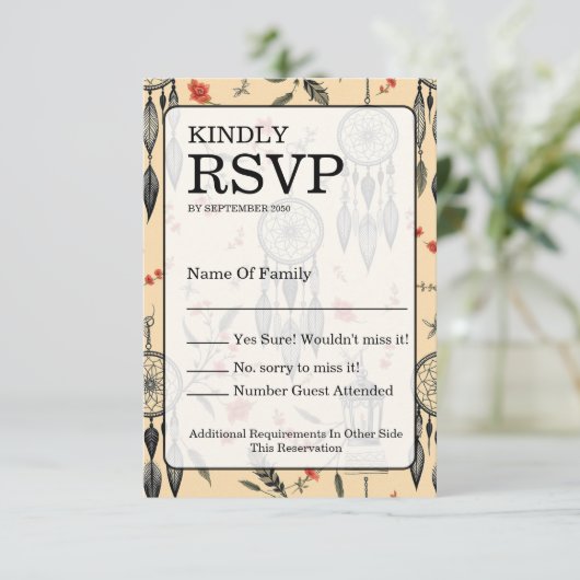 Rustikale Macrame-Boho-Hochzeitsstruktur RSVP Karte (Stehend Vorderseite)